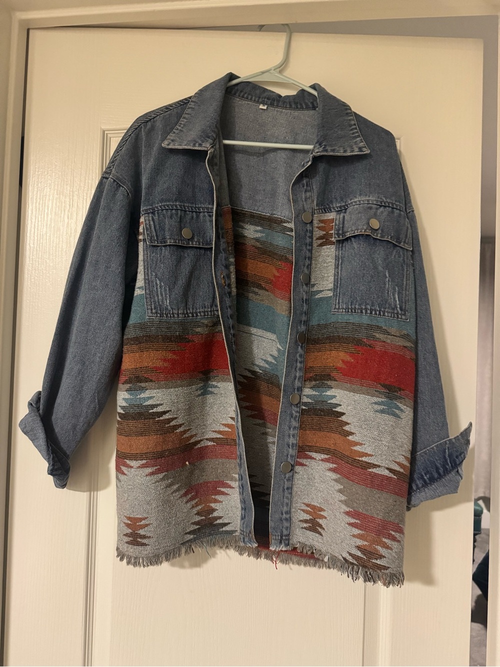 Boho Aztec Denim Jacket - Blue with Multi-Color Pattern